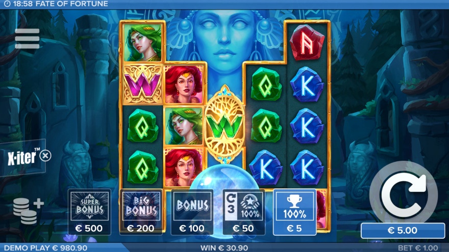Free spins feature in Fate of Fortune slot with mystery symbols