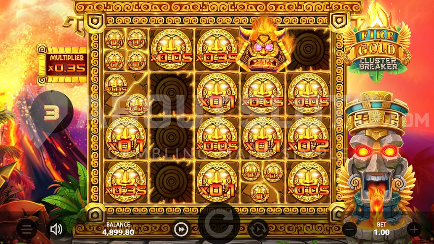 Fire and Gold Cluster Breaker Hold and Win bonus feature with coin symbols