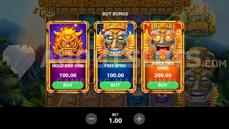 Fire and Gold Cluster Breaker feature buy menu with bonus options