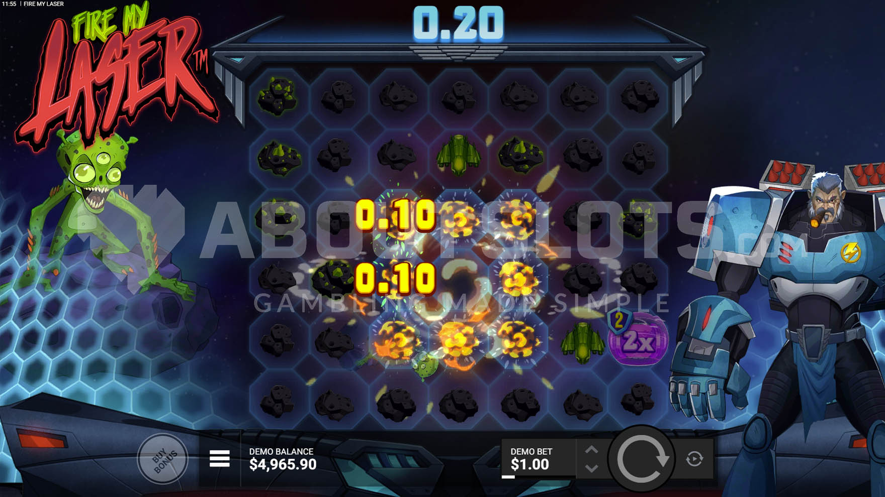Base game view with an alien on the left, soldier on the right, and explosion on the game field