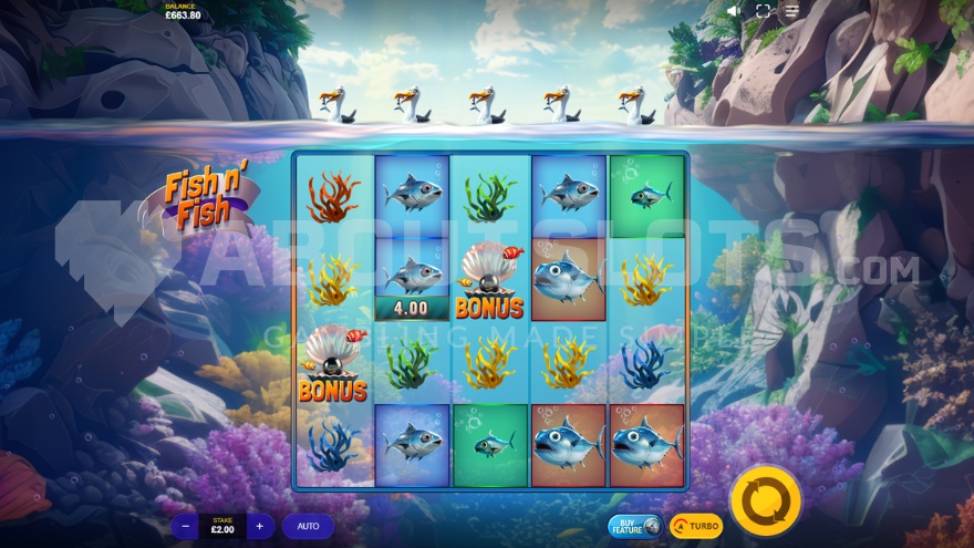 Screenshot of the Fish n' Fish base game featuring a colorful coral reef setting