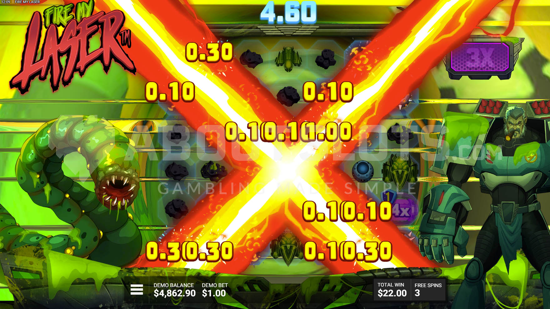 Activated Alien Attack bonus with a win obtained through the Super Laser feature