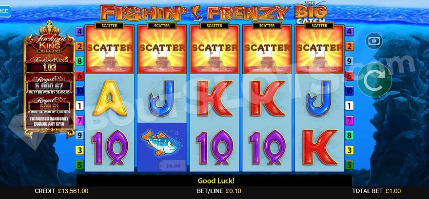 Fishin' Frenzy The Big Catch Jackpot King bonus feature screen