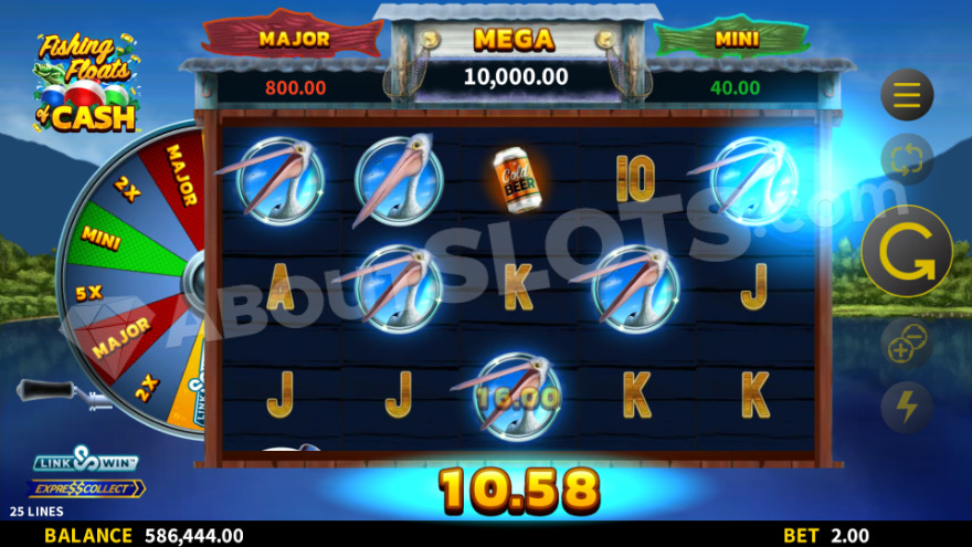 Fishing Float of Cash slot main screen showing lake background and game reels