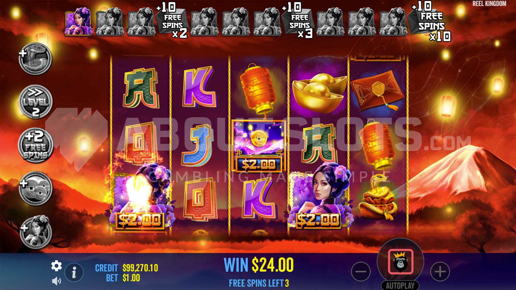 Free spins bonus activated with 2 Wild symbols collecting money prizes.