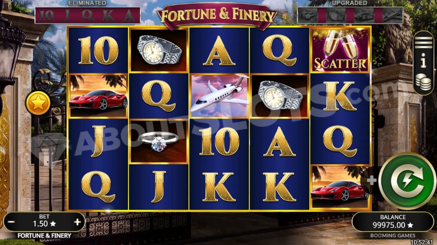 Base game showing luxury items on the reels, including a diamond ring and private jet.