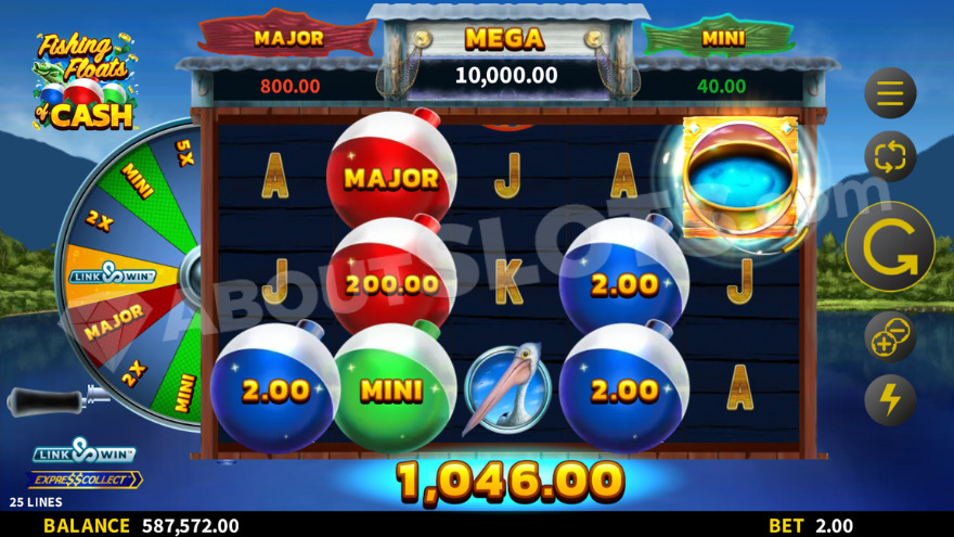 Fishing Float of Cash Link&Win feature showing multiple prize buoys on the screen