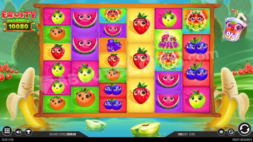 Base game of Fruity Megaways with smiling fruits on the reels