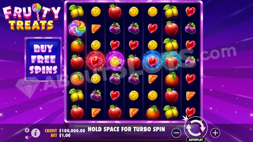 Base game with various fruit symbols on the reels of Fruity Treats slot.