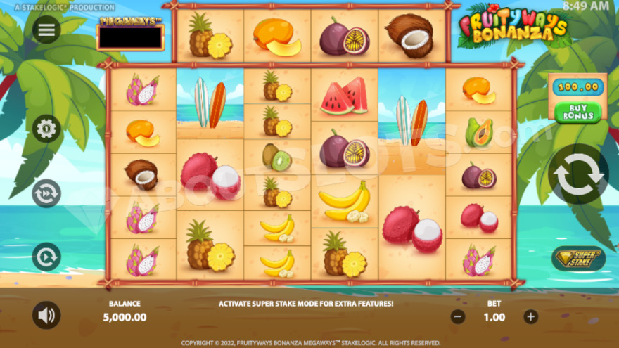 Fruityways Bonanza Megaways slot main game screen with tropical beach background