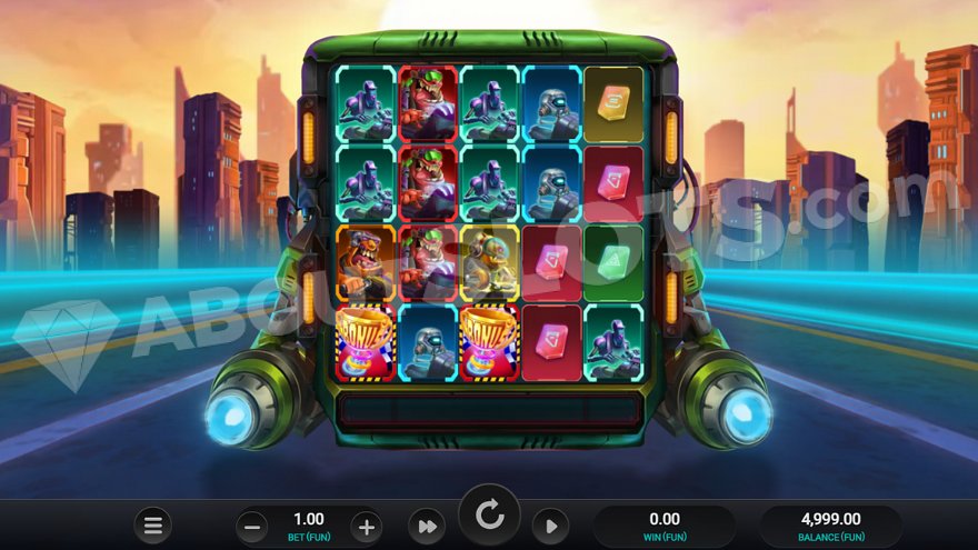 Slot game interface on a flying car in a futuristic city.