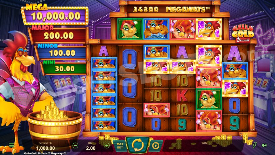 Reels with chicken and chick symbols on the right, and jackpot display on the left