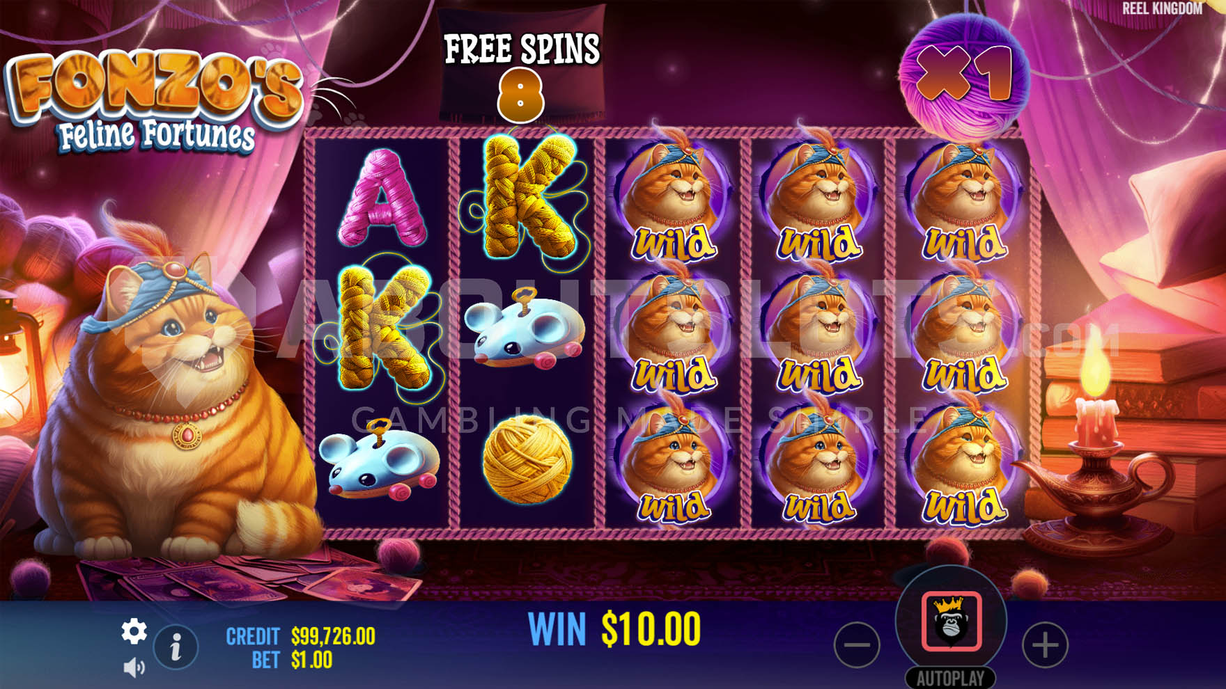Free Spins round with 3 fully stacked Wild reels and winning combination of 5 K symbols