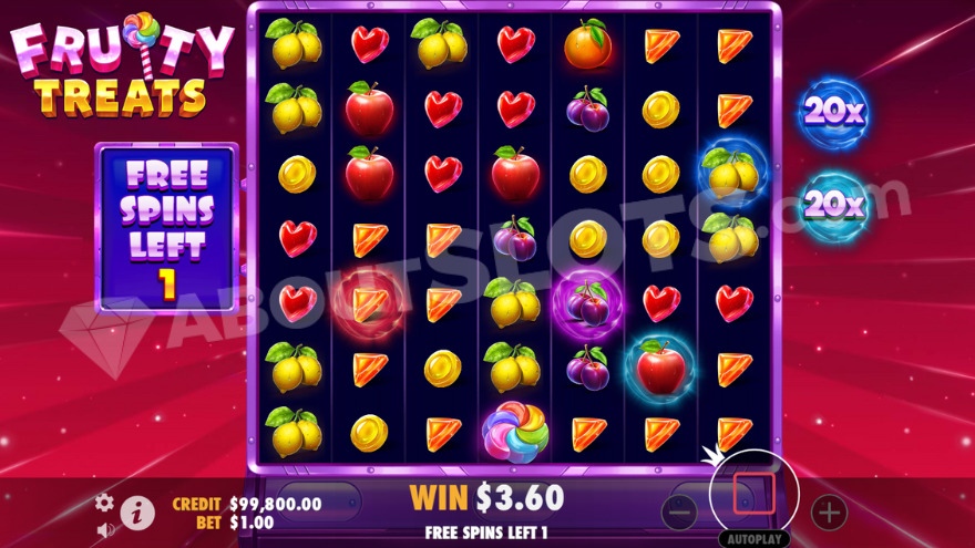 Bonus game with free spins showing two 20X multipliers on the right side.