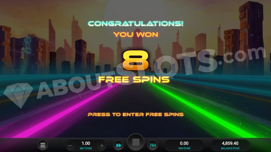 Screen with the message: 'Congratulations, you've won 8 free spins.'