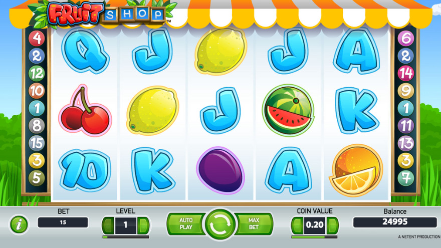 Fruit Shop slot main game screen showing fruit symbols and paylines