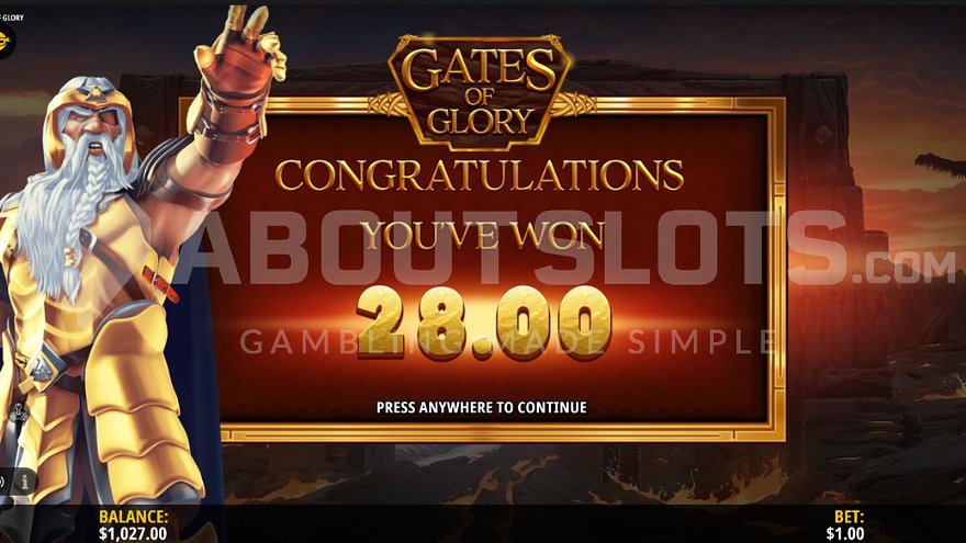 Win screen showing 28x multiplier celebration