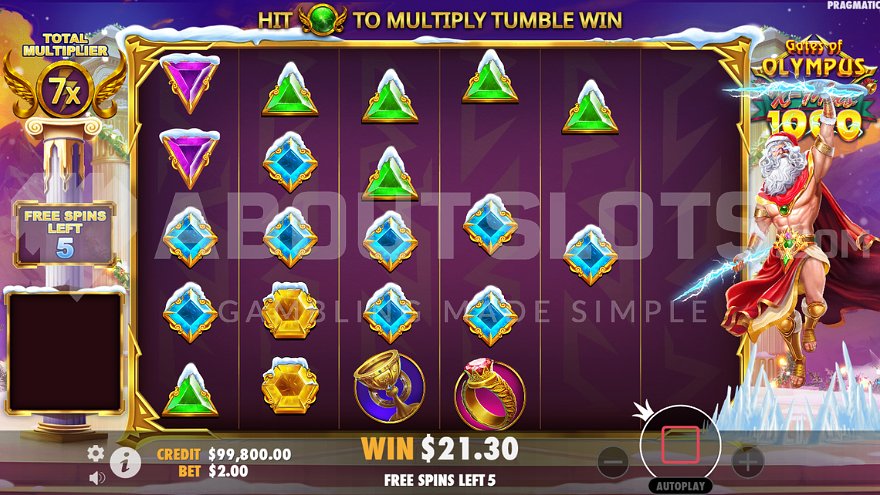 Cascading win with 7X multiplier during free spins.