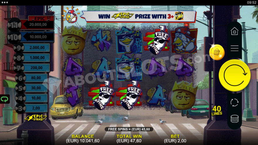 Base game of Geese With Attitude slot showing Epic Strike jackpot on the left side