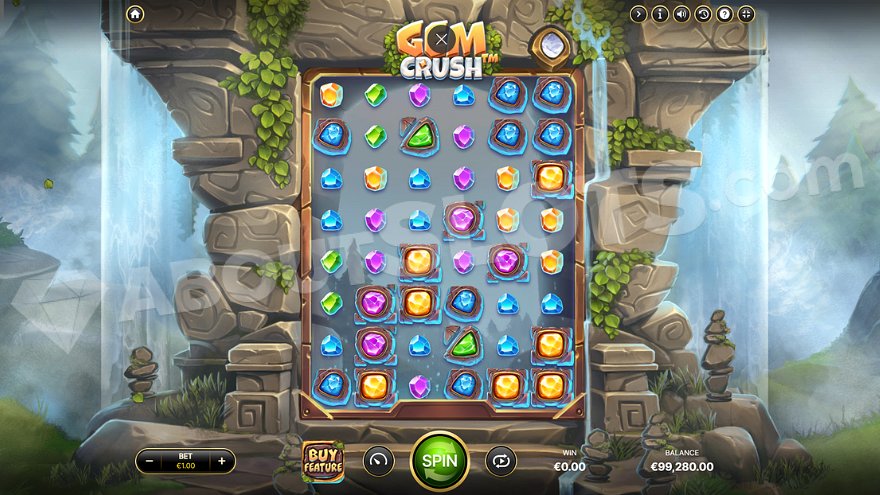 Gem Crush slot game displayed against a backdrop with waterfalls.