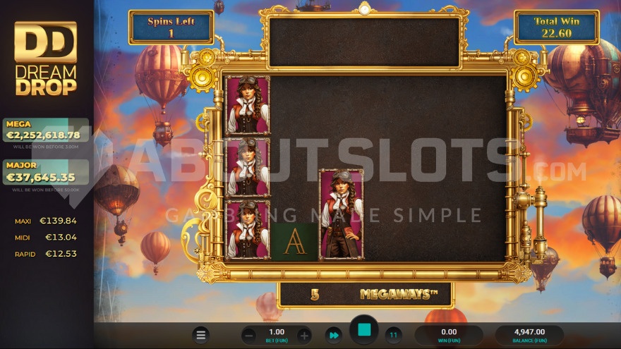 Bonus game with free spins against a background of flying hot air balloons