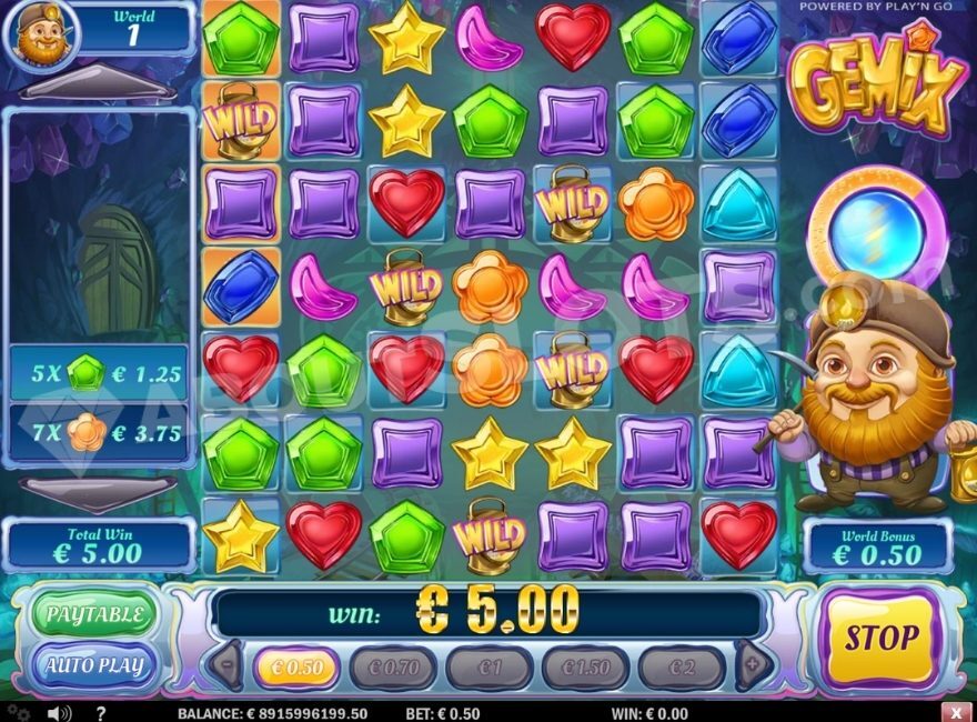 Gemix slot bonus features showing wild symbols and special effects