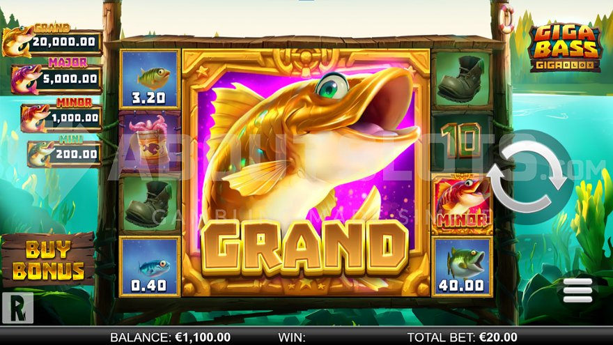 Slot game screen showing a lake landscape with reels