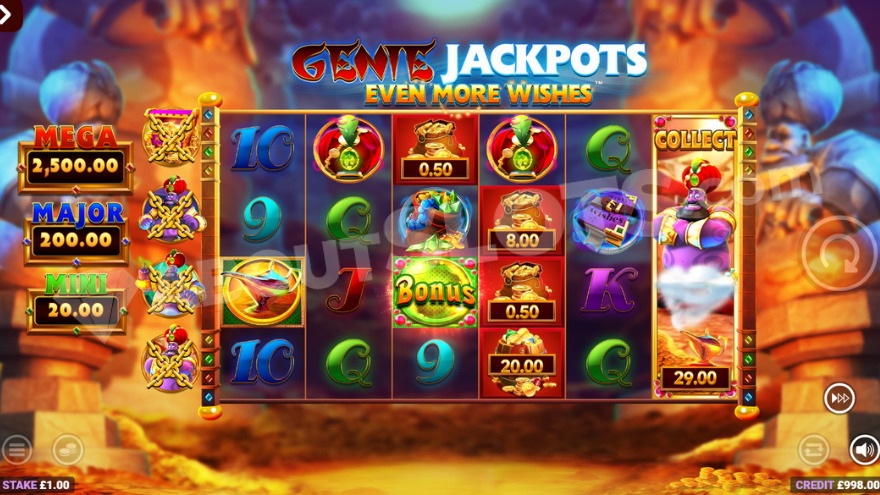 Cash Collect feature activated with Genie Collect symbol on the sixth reel.