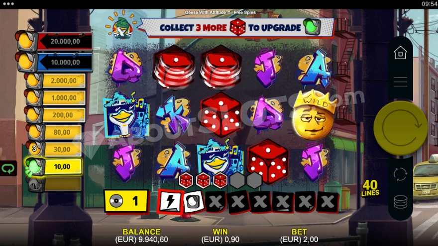 Dice Roll bonus game with paytable showing on the left in Geese With Attitude slot