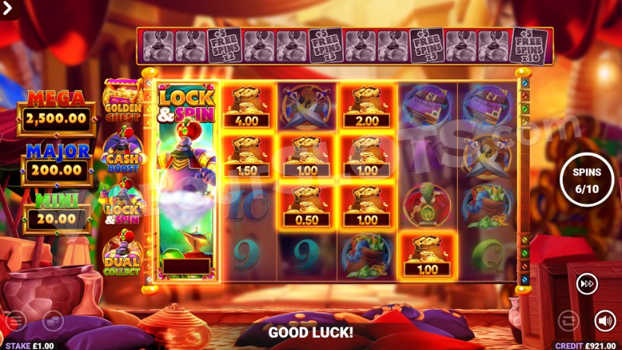 Free Spins feature with Lock and Spin symbol on the first reel.
