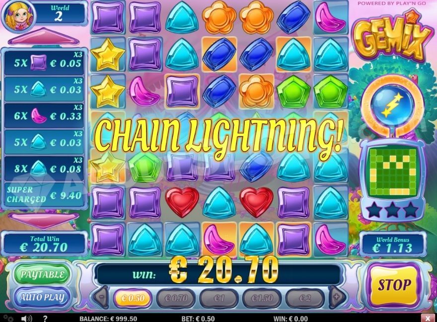 Gemix slot Crystal Charge features including Chain Lightning and Light Beam effects