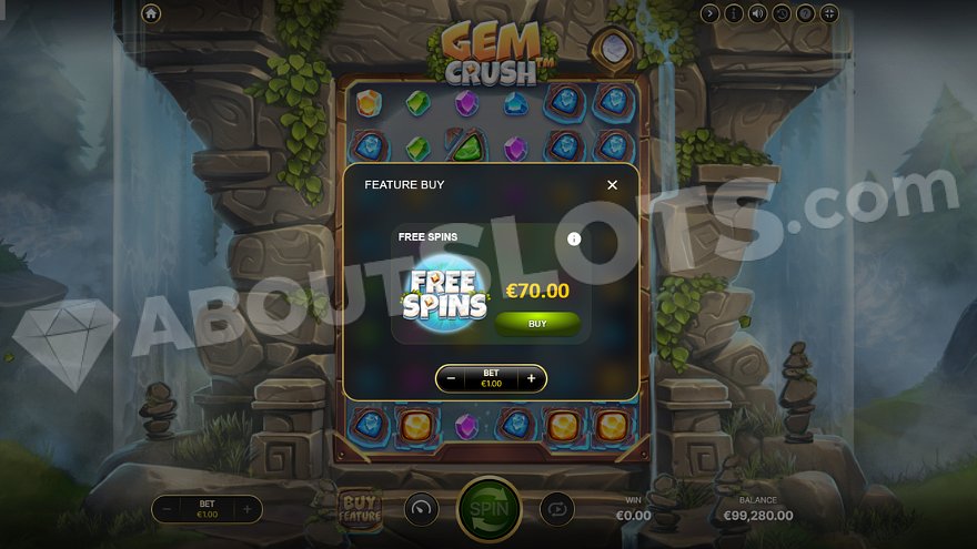 Menu offering free spins for 70 times the stake.