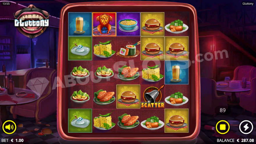 Base game of Gluttony slot showing reels with plates of food