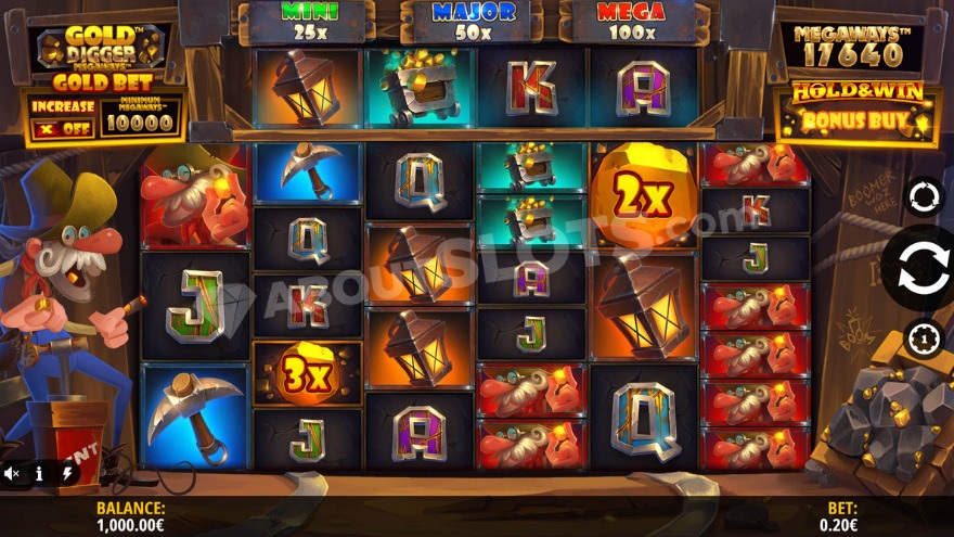 Gold Digger Megaways slot main game screen showing the base game with 6 reels