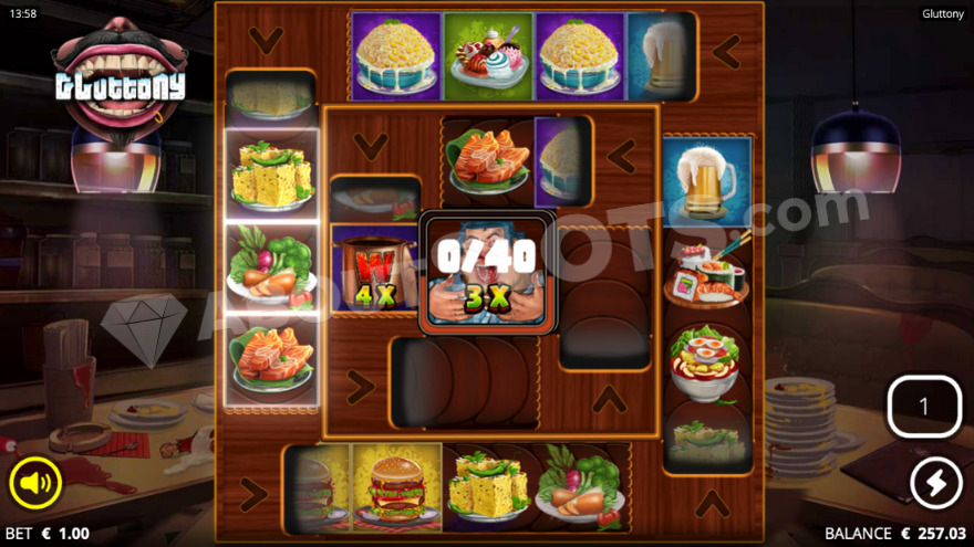 Fedcon bonus game in Gluttony slot with Fat Bastard character in the center