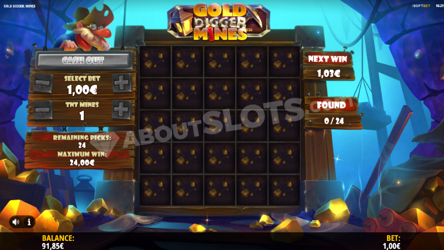Gold Digger Mines gameplay showing 5x5 grid with gold nuggets