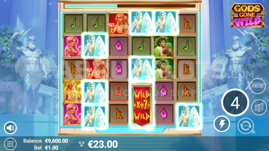 Gods Gone Wild Free Spins feature with 4 spins remaining