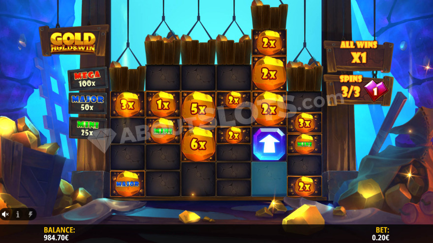 Gold Digger Megaways bonus feature with Hold and Win respins showing multiple gold nugget money symbols