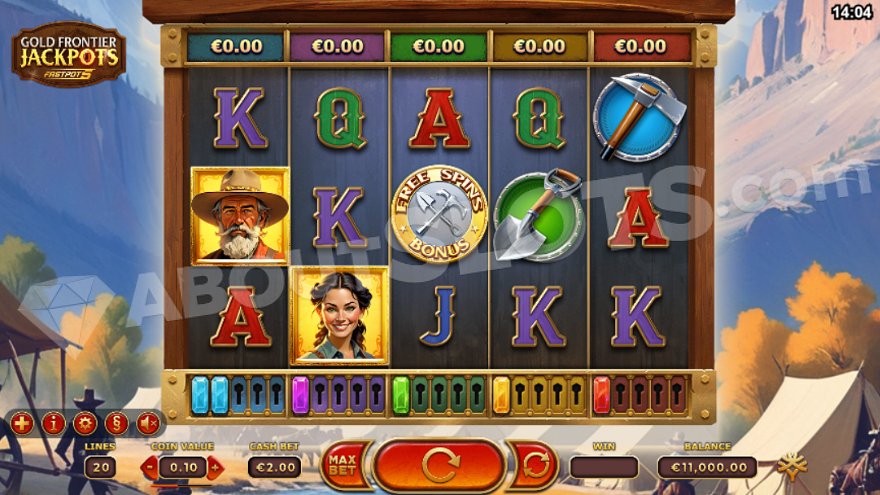 Gold Frontier Jackpots slot game interface showing Western town setting