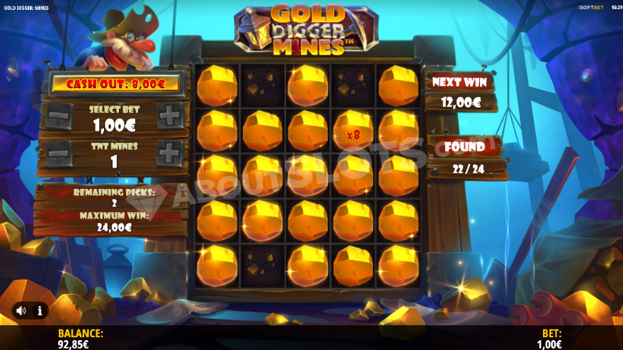 Gold Digger Mines feature screen showing pick and click gameplay