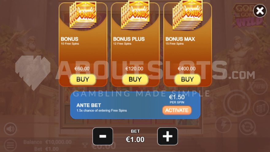 Gods Gone Wild Feature Buy with 3 options