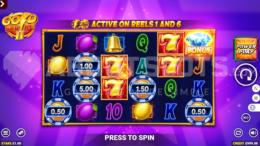 Gold Strike 2 slot main game screen with 6 reels against purple background