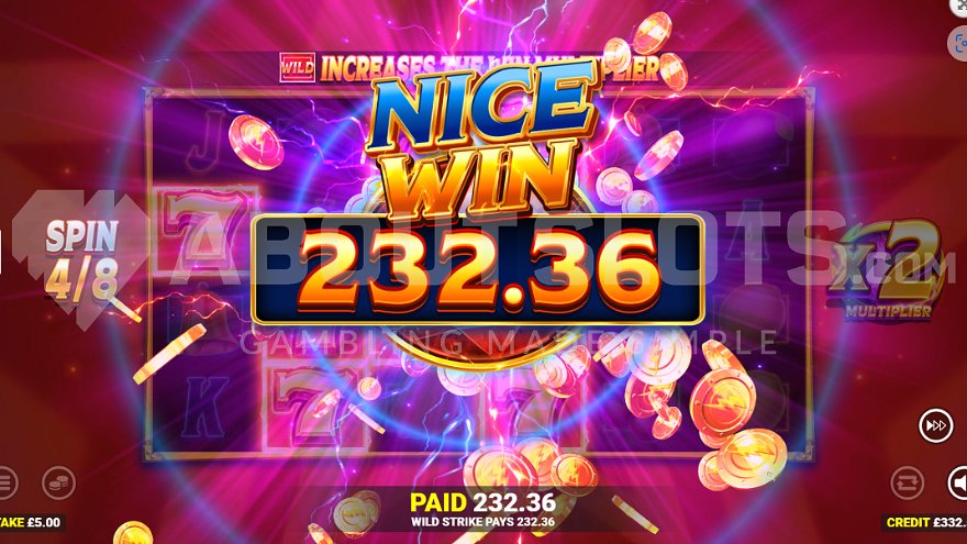 Gold Strike 2 slot free spins feature with win display showing accumulated prizes