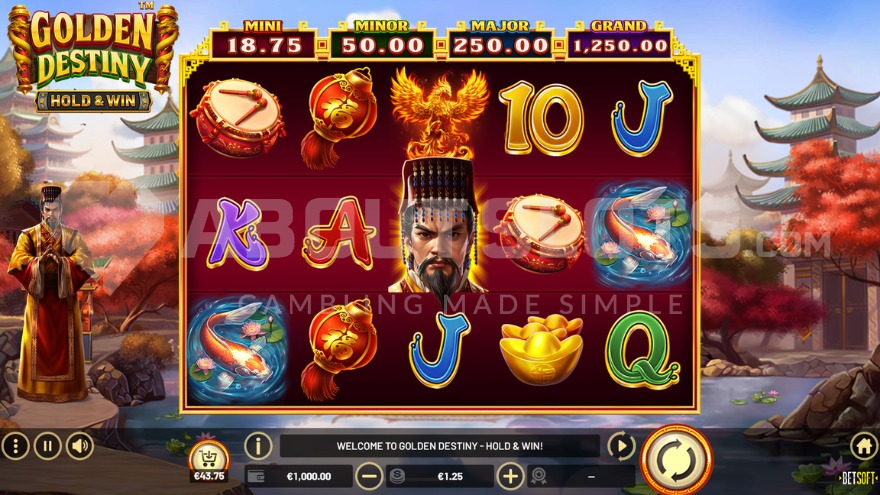Golden Destiny base game with jackpot prizes displayed above the reels