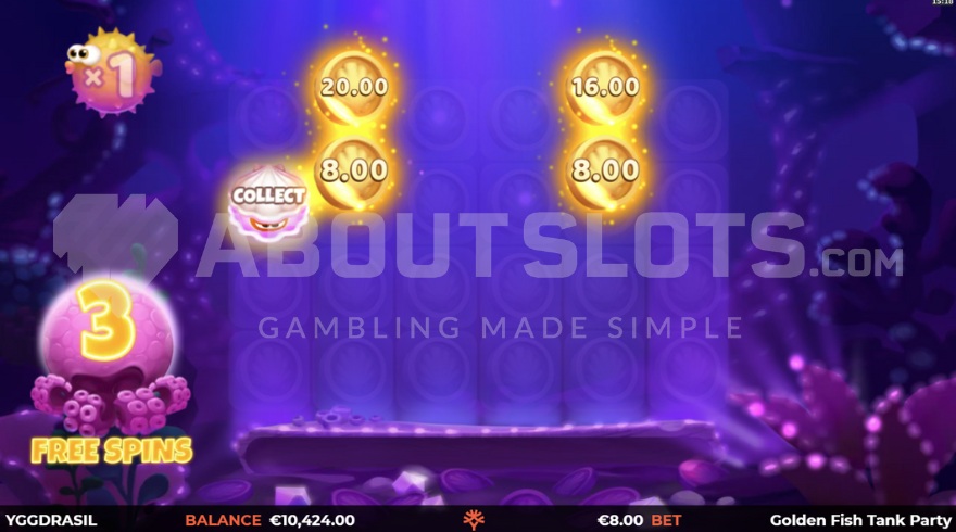 Screenshot of Free Spins feature with cash prizes