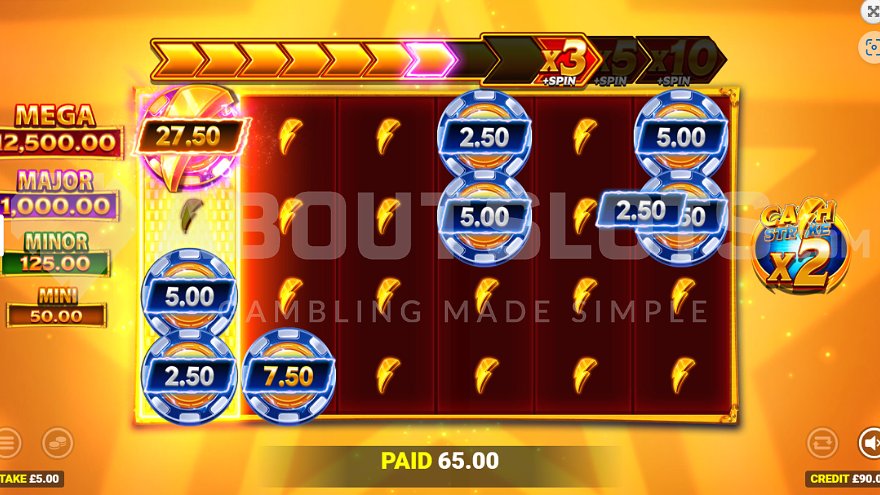 Gold Strike 2 Power Play mode showing special reels with cash prizes and collection symbols