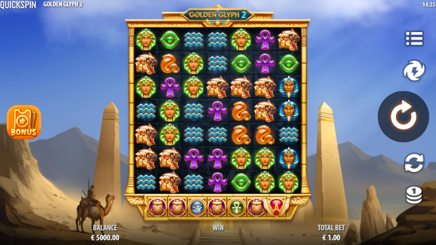 Golden Glyph 2 slot game showing the 7x7 grid with Egyptian symbols