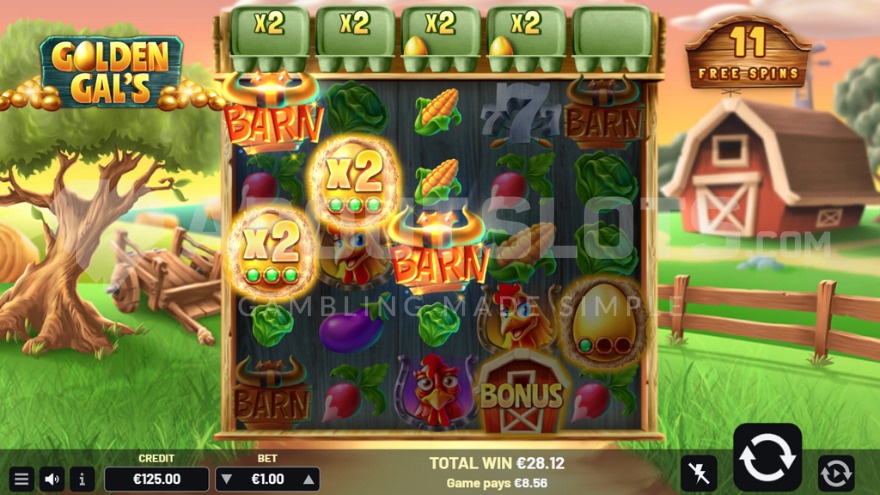 Free spins feature with two multiplier symbols on the reels