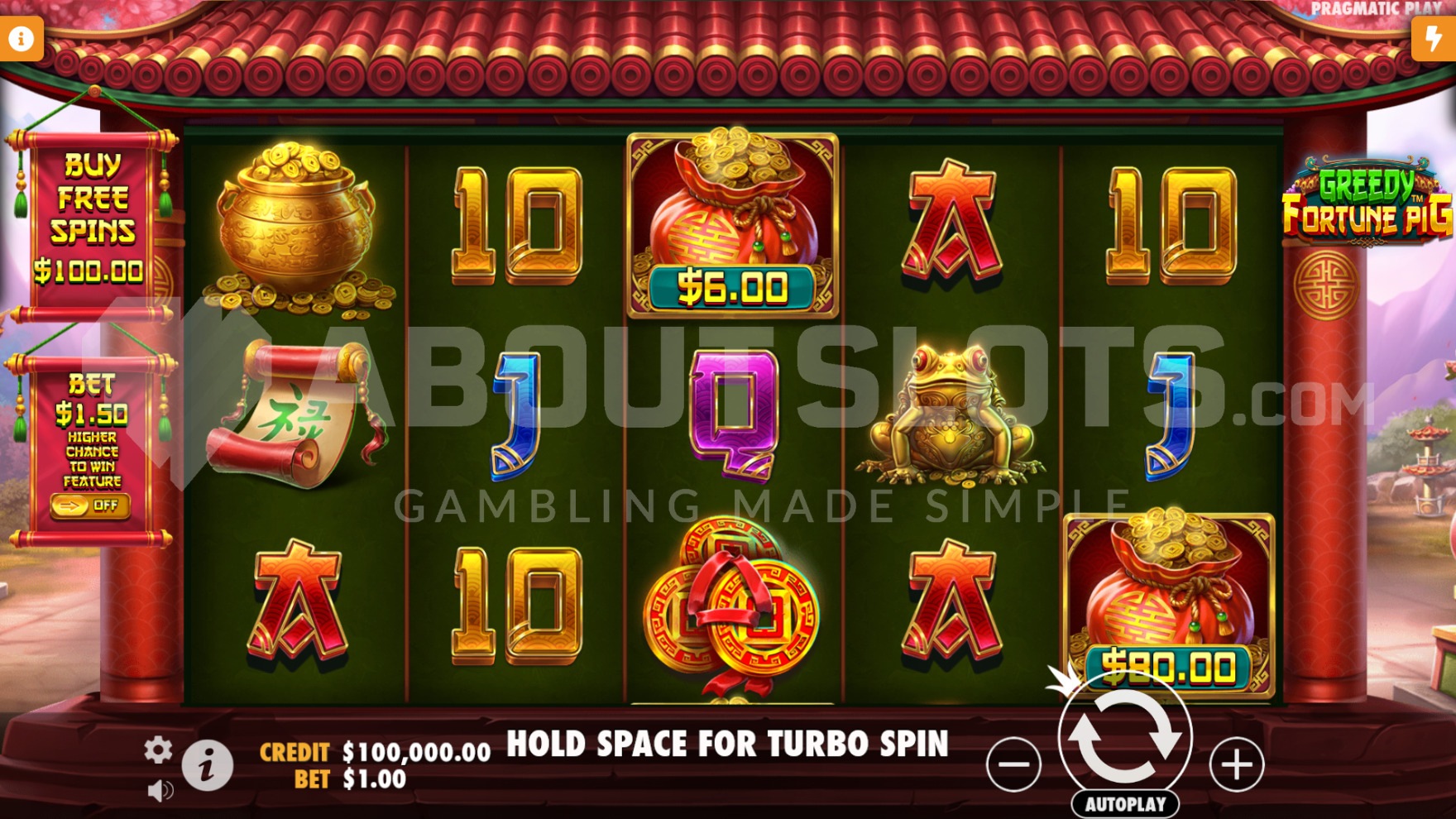 Various money symbols and other paying symbols on the reels in the base game