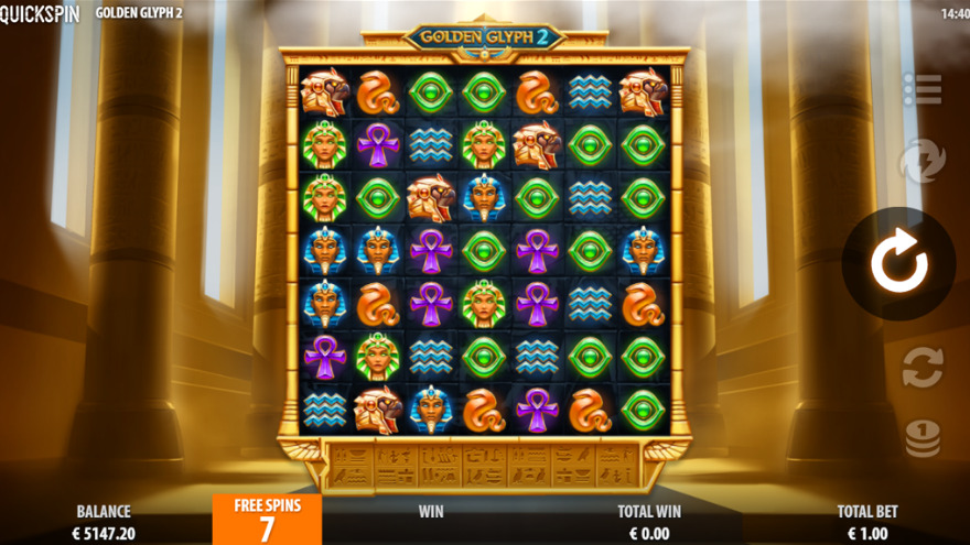Golden Glyph 2 bonus feature showing power-up symbols and wilds